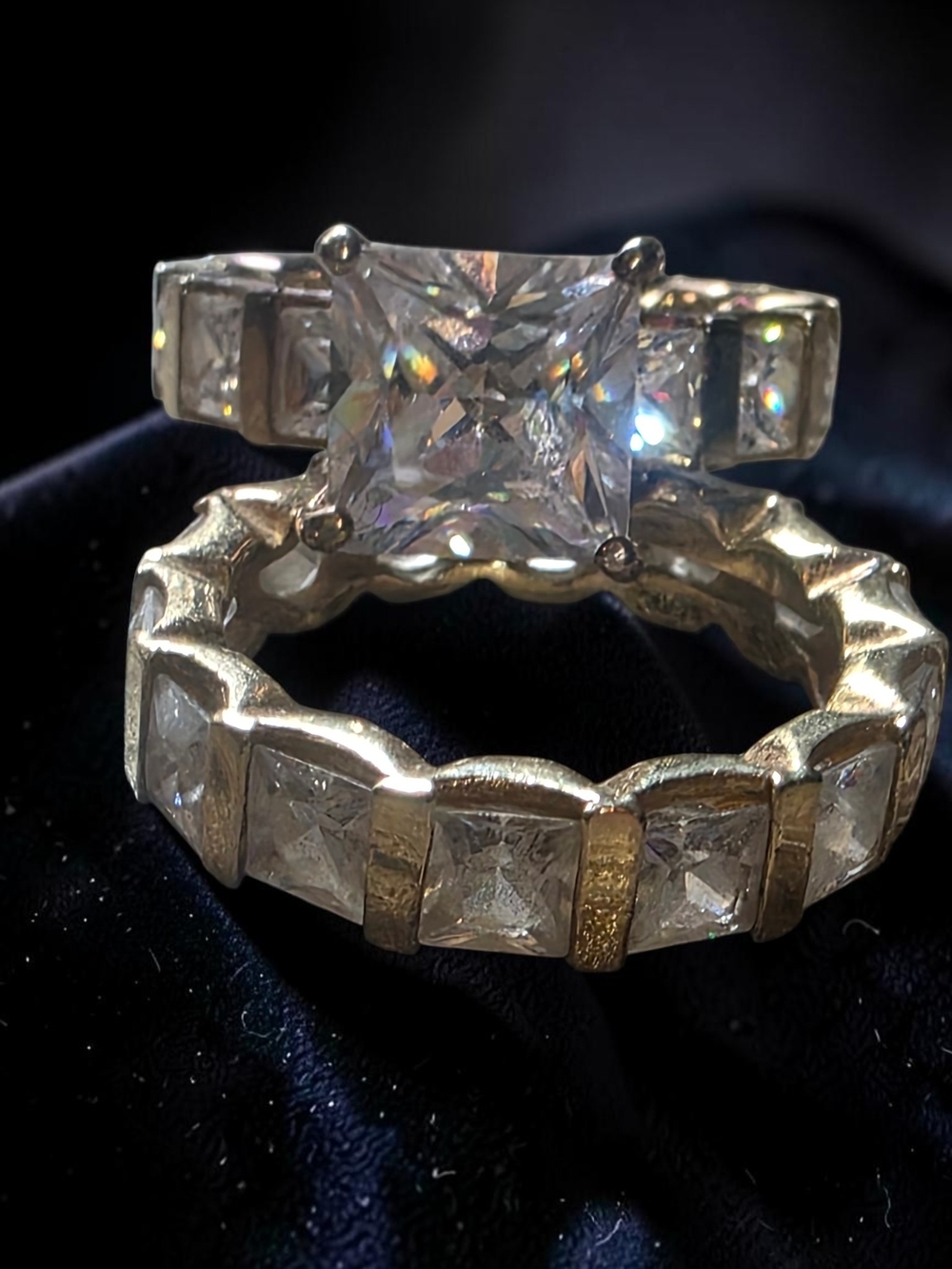925 Sterling Silver Gold Tone Princess Cut CZ Wedding Ring Set Size 7.5